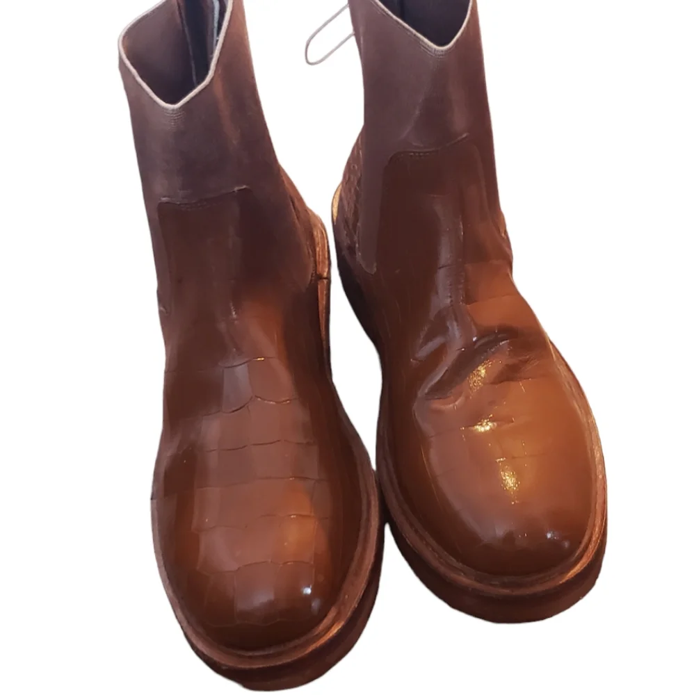 Free People Brown Croc-Embossed Leather Ankle Boots